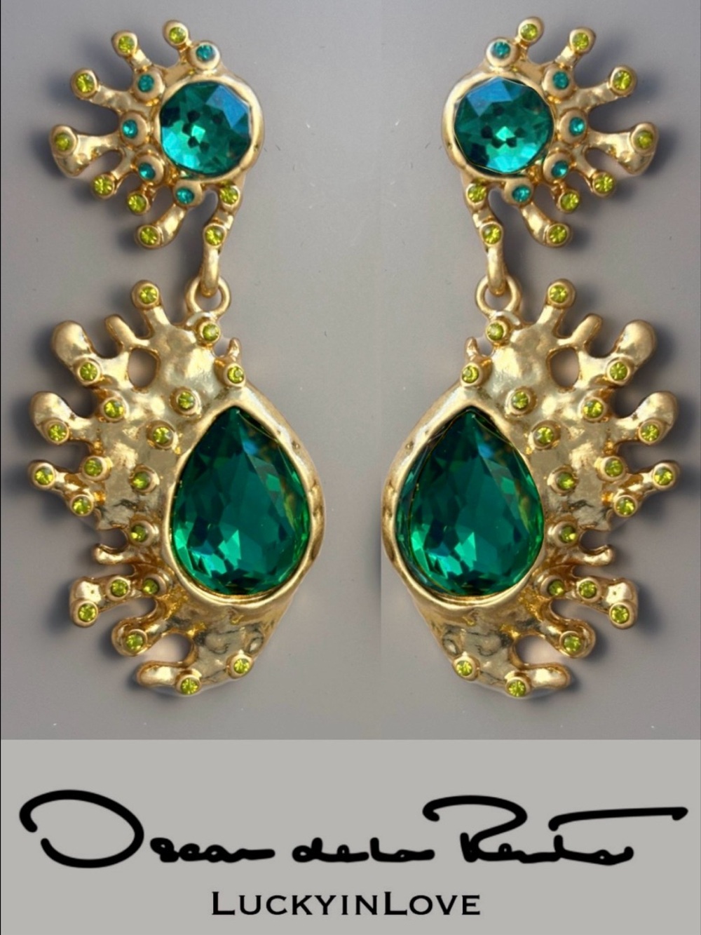 Oscar de la Renta • Gold Teal Blue Green Crystal Cactus
Drop Post Earrings